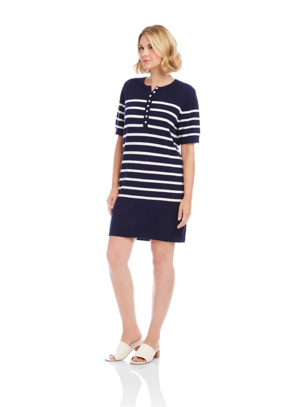 NWT Karen Kane Navy and White Striped Short Sleeve Knit Dress Large